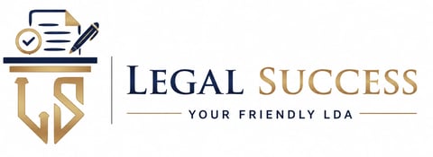 Legal Success logo with shield emblem, checkmark document and pen, text reads Legal Success Your Friendly LDA